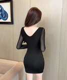 【3色】ミニドレス キャバドレス セクシー オフショルダー メッシュ タイトワンピース Vネック 長袖 伸縮性あり  LW2-DD5832