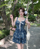 ミニドレス キャバドレス petiteサイズ ギャル系 デニム ステラップドレス アニマル柄 タイアップ ウェスト絞り JC2-ZED885346BH453