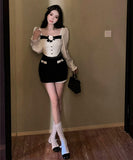 【2点セット】ミニドレス セクシー ツバキモチーフ シャネル風デザイントップス × ベルベットタイトスカートセットアップ 上品フィット＆美シルエット 女子会 デート JC2-XKDD426-7120-7121-Sep18