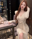 【3色】ロングドレス キャバドレス セクシー 秋冬 大人カジュアル シェイプアップ Vネック ノット 結び目 デート パーティー JC2-XKDD355-5887-Aug27