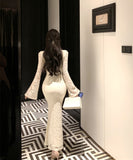 ロングドレス キャバドレス 大人フェミニン スクエアネック ロングスリーブ レースあしらい シェイプドウエスト 上品 二次会 パーティー JC2-XKDD337B-2117-Sep1