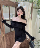 【3色】ミニドレス キャバドレス セクシー クリスマス フェザー オフショルダー ウエストマーク タイトシルエット 長袖 デート JC2-DD6108