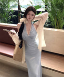 ロングドレスホルターネックVネック谷間見せレースカワセクシーエレガントバックレスドレスパーティー WQ2-XKD-D200-2935-Mar14