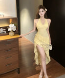 ミニドレスキャバドレスホルターネックセクシー非対称フリルバックレスドレスナイトクラブパーティー WQ2-CD7-447-66940600