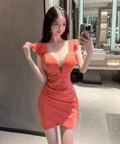 【4色】ミニドレス キャバドレス ワンピース セクシー Vネック谷間見せ フリル袖 着痩せ パーティー ドレス KS2-DD3009