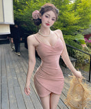 【3色】ミニドレス キャバドレス セクシー キャミソール プリーツ Vネック タイト ボディコン 美ライン 指名 クラブDQ2-DD-4089