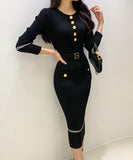 【2色】Lady's coco ロングドレス キャバドレス セクシー クルーネック 長袖 バイカラー ニットワンピース ポケット付き ウエストリボン LW2-DD6031