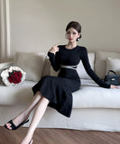 膝丈ドレス キャバドレス セクシー フェミニン ニットワンピース ラウンドネック ウエストマーク マーメイドライン 大人可愛い  デート LW2-ZED885053GT510D