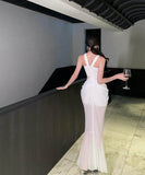 ロングドレスナイトドレスチュールダイヤモンドホルターネックセクシー宴会パーティーイベントレースマーメイドドレス WQ2-XHY919795