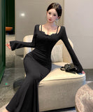 【2色】ロングドレス キャバドレス セクシー フェイクレイヤード レーストリム キャミソール 谷間魅せ 上品 タイト マーメイドワンピ 指名 JC2-DD6075