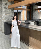 上下セットワイドパンツサテン高級感ワンショルダーセクシーエレガント通勤大人可愛い気質 WQ2-XKD-D529-6892-May10