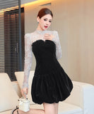 【秋冬新作】 ミニドレス キャバドレス セクシー フレンチフェミニンドットチュール切り替え ベロア素材 ウエストマーク 上品 着痩せ ドレス風 レディース フレンチフェ ドットチュール切り替え  ウエストマーク 上品 着痩せレディース デート LW2-JY21889