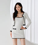 【2点セット】 ミニドレス キャバドレス セクシー 韓国風 ニットタイトセット 長袖 クルーネック ビスチェ  上品コーデ デート 女子会 カフェ LW2-DD6030