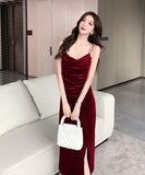 【2色】ロングドレス キャバドレス  セクシー キャミワンピース パールストラップ ベロア素材 フレンチガーリー  ウエストマーク 細見え  大人可愛い LW2-OYF655#6505##50