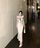 ロングドレス水玉柄マーメイドドレスフリルエレガント通勤セレブ風着痩せ大人可愛い同伴韓国っぽ WQ2-XKD-D355-6891-May16