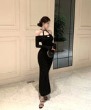 Lady's coco ロングドレス キャバドレス セクシー オフショルダー タイトワンピース ホルターネック 背中開き ボディコン デート 女子会 二次会 披露宴 パーティー LW2-OYF8723