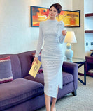 Lady's coco ロングドレス キャバドレス セクシー ブルーチェック タイトワンピース デザインリボン スリット入り 上品 スタイル 二次会 披露宴 上品  LW2-JY56009