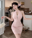 【3色】ミニドレス キャバドレス セクシー 胸元大胆 ホルターネック 肩見せ タイトシルエット 細見え パールチェーン JC2-DD6320