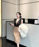 Lady's coco セクシー ボディコン フレンチスタイル ニットワンピース タイト 膝丈 ウエストマーク 上品 気質 大人可愛い 秋冬新作 LW2-XKDD445-2592-Oct10