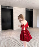 2色ミニドレスAラインオフショルダーリボン着痩せ気質体型カ韓国っぽ誕生日ドレスエレガント同伴 WQ2-XKD-D337B-3609-May28