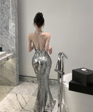 ロングドレスキャバドレスキラキラホルターネック谷間見せイベント高級感華奢感ナイトドレスセクシー誕生日パーティー宴会 WQ2-ZED883589HS109