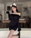 【3色】ミニドレス キャバドレス セクシー クリスマス フェザー オフショルダー ウエストマーク タイトシルエット 長袖 デート JC2-DD6108