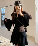 【2色】 ミニドレス キャバドレス セクシー ヘプバーン ニットワンピース トランペットスリーブ フレアスカート Aライン お出かけ デートLW2-OYF64044