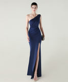 ロングドレス キャバドレス セクシー ワンショルダー サテン タイト マーメイドドレス プリーツ スリット入り 夜会 パーティー 結婚式 JC2-YEY33598