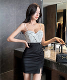 Lady's coco ミニドレス キャバドレス セクシー タイトミニワンピース Vネック スリット入り バイカラーデザイン 背中開き ボディコン デート 指名 クラブ LW2-YM8889