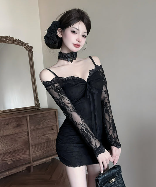 【3色】ミニドレス キャバドレス セクシー レース切り替え シースルー 長袖 タイトミニドレス ナイトクラブ 指名 JC2-DD5580