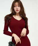 【3色】膝丈ドレス キャバドレス セクシー 韓国風 Vネック ボディコン リブニット タイト 出勤 デート JC2-MLS57256151