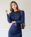 Lady's coco 膝丈ドレス キャバドレス セクシー 韓国スタイル ニットタイトワンピ 半ハイネック スリムフィット ウエストマーク ミディ丈 LW2-DD6029