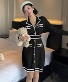 【2色】ミニドレス キャバドレス ツイード風 ニット 長袖 着痩せ バイカラー エレガント 小柄向け デート 女子会 JC2-DD5603