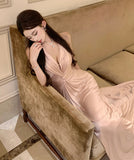 Lady's coco ロングドレス キャバドレス セクシー シャンパンピンク 調節可能 ディープV バックレス ツイストデザイン ギャザー入り 誕生日 パーティー JC2-XHY919295