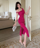 【2色】膝丈ドレスキャバドレスワンーショルダーセクシー着痩せ同伴気質パーティー WQ2-ZED889864GT347