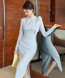 Lady's coco ロングドレス キャバドレス セクシー ブルーチェック タイトワンピース デザインリボン スリット入り 上品 スタイル 二次会 披露宴 上品  LW2-JY56009