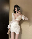 【2色】ミニドレス キャバドレス セクシー ロングスリーブ レース拼接け ナイトクラブ ボディコン 指名 JC2-DD5422