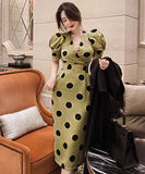 ロングドレスパフスリーブ水玉柄エレガントセクシー通勤韓国っぽハイウエスト着痩せVネック WQ2-ZED883562A71