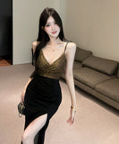 【3色】ロングドレス キャバドレス セクシー 上品 Vネック バイカラー バイカラー タイト パーティードレス JC2-DD6300