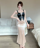 【2色】Lady's coco ロングドレス キャバドレス セクシー 韓国風 サテン 配色 フラワー装飾 スリット入り ボディコン JC2-MLS81282009