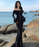 【2色】ロングドレス キャバドレス セクシー フレンチスタイル オフショルダー エレガント ウエストマーク 細見え パーティー バースデー JC2-XHY919202