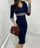 【3色】膝丈ドレス セクシー 韓国風 Vネック タイト ミディワンピ コンビカラー 出勤 デート お出かけ JC2-MLS57526258