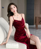 【2色】ロングドレス キャバドレス  セクシー キャミワンピース パールストラップ ベロア素材 フレンチガーリー  ウエストマーク 細見え  大人可愛い LW2-OYF655#6505##50