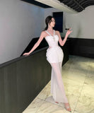 ロングドレスナイトドレスチュールダイヤモンドホルターネックセクシー宴会パーティーイベントレースマーメイドドレス WQ2-XHY919795