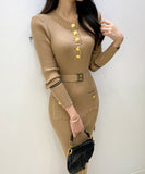 【2色】Lady's coco ロングドレス キャバドレス セクシー クルーネック 長袖 バイカラー ニットワンピース ポケット付き ウエストリボン LW2-DD6031