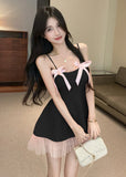 【4色】ミニドレス キャバドレス セクシー 超ミニ リボン付き ウエストマーク キャミソール ニット メッシュレースヘム フェミニンワンピース　LW2-SB8079