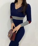 【3色】膝丈ドレス セクシー 韓国風 Vネック タイト ミディワンピ コンビカラー 出勤 デート お出かけ JC2-MLS57526258