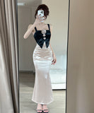 【2色】Lady's coco ロングドレス キャバドレス セクシー 韓国風 サテン 配色 フラワー装飾 スリット入り ボディコン JC2-MLS81282009