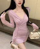 【4色】ミニドレス キャバドレス セクシー タイトミニワンピース 長袖 ショート丈 ボディコン LW2-DD5875