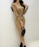 【2色】Lady's coco ロングドレス キャバドレス セクシー クルーネック 長袖 バイカラー ニットワンピース ポケット付き ウエストリボン LW2-DD6031